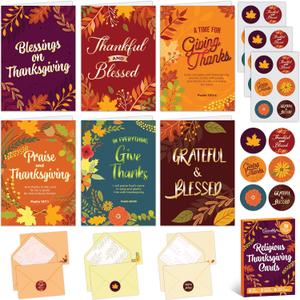 Decorably 18 Pack Foiled 5x7in Thanksgiving Cards Religious with Envelopes and Stickers, 6 Designs Boxed Religious Thanksgiving Cards, with Printed Message Inside