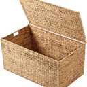 Water Hyacinth Wicker Storage Trunk with Metal Frame 36x20x18.5Inch Large Rattan Basket Decorative Blanket Chest Heavy Duty Storage Chest with Lid for Blankets Extra Bedding Seasonal Clothes, Natural