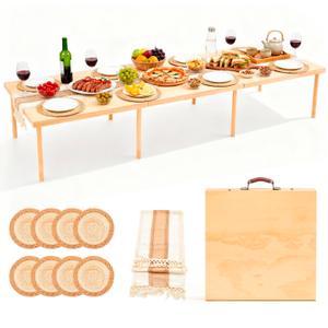 Novabright 120" x 30" Folding Boho Picnic Table with Woven Placemats and Table Runner Portable Low Picnic Floor Desk with Adjustable Legs for Beach, Wedding, Camping, 16 People, Four-fold Style