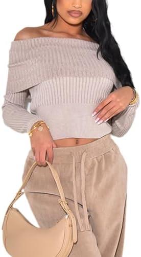 Women's Off Shoulder Long Sleeve Ribbed Knit Pullover Sweater Casual Basic Crop Y2k Tops Size M