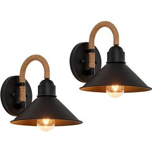 2 Pack Indoor Wall Light Fixture Black, Outdoor Wall Sconce Light with Hemp Rope, Industrial Vintage Wall Lamp for Bedroom, Living Room, Hallway, Covered Porch, E26 Socket, Hardwired