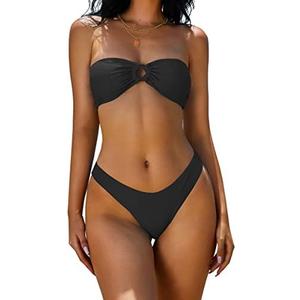 ZAFUL Women's Bandeau Bikini O Ring Strapless Tie Back High Cut Two Piece Swimsuit Bathing Suits.L