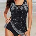 Women's Tummy Control Swimdress One Piece Swimsuits Modest V-Neck Mesh Bathing Suits with Built-in Bottom (XL)