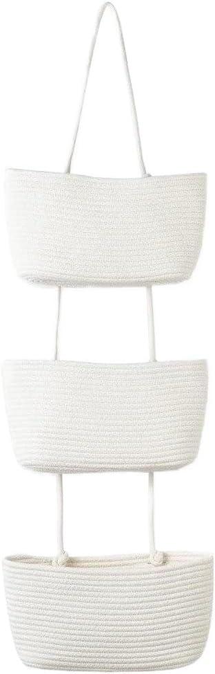 Hanging Storage Pouch, Wall Over The Door Storage Organiser, Utility Hanging Organiser Rope Fabric Storage Solution with 3 Pockets and for Bedroom, Bathroom(White) (14.49*7.48inch)