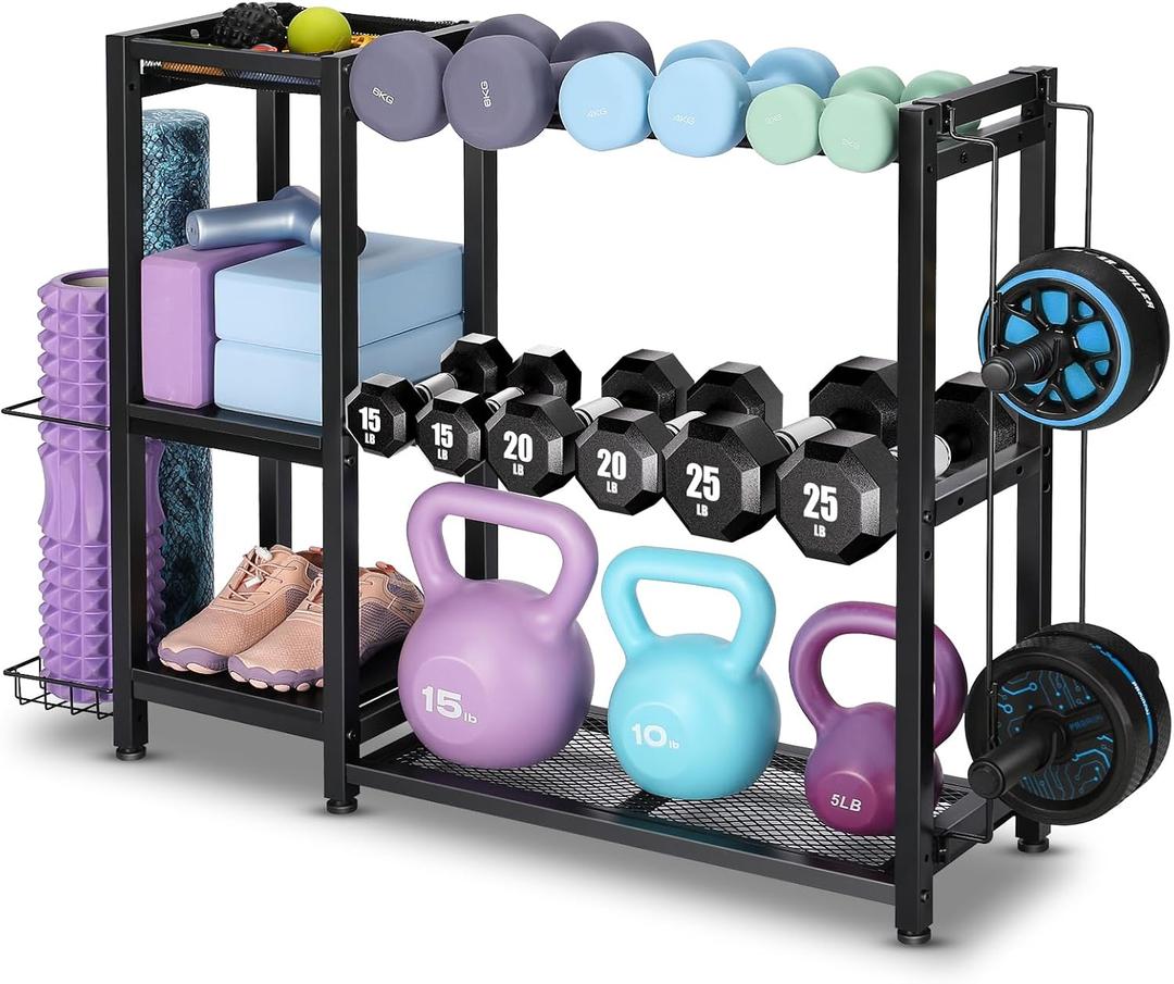 FHXZH 3-Tier Dumbbell Rack Stand Only - Adjustable Weight Rack for Home Gym, Heavy-Duty Weight Stand for Dumbbells Kettlebells Foam Roller Yoga Mats, Workout Equipment Storage Organizer With Hooks