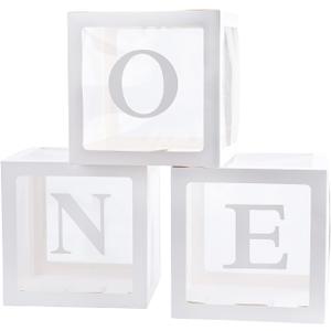 First Birthday Decorations For Boy Or Girl, 3 Pcs ONE Balloon Boxes For 1st Birthday, Baby Clear Blocks Party Decor With ONE Letters For Photoshoot Props, Cake Smash Backdrop