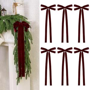 6Pcs Velvet Ribbon Bows - 8 x 20 Inch Extra Large Christmas Tree Bow with Long Tail for Xmas Tree, Wreath, Garland, Fireplace,Staircase, Door, Window, Cabinet, Wedding Home Decoration (6, Burgundy)