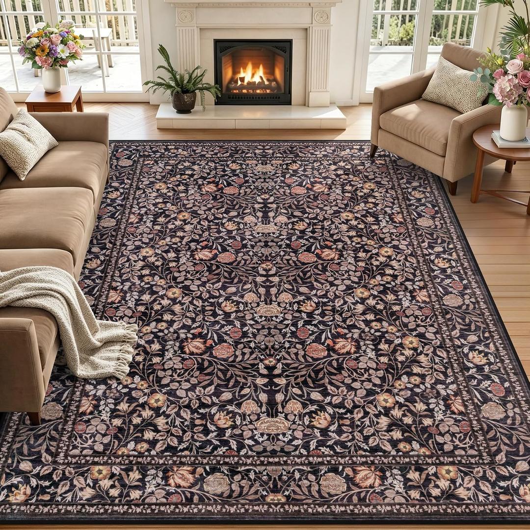 6x9 Area Rug Living Room: Soft Floral Washable Boho Carpet Brown