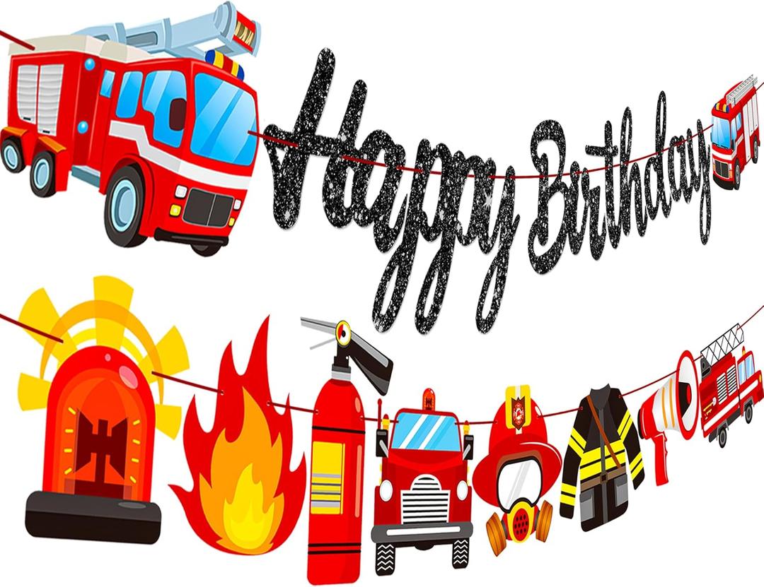 Fire Truck Birthday Banner Firefighter Baby Shower Fireman Happy Birthday Themed Party Sign Supplies Fire Engine Rescue Bday Glitter Bunting Garland Decorations