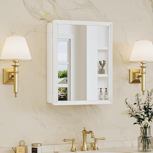 TokeShimi 14 x 18 White Recessed Medicine Cabinet with Mirror, Assembly Required, Medicine Cabinet for Bathroom, Stepless Adjustable Shelves, Beveled Aluminum Frame, DTC Hinge