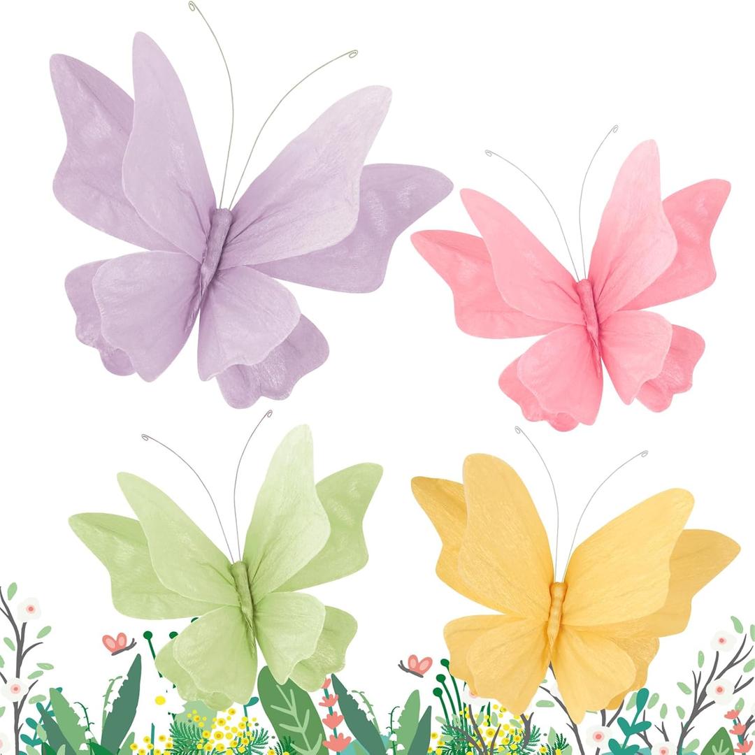 SUNBEAUTY Butterfly Party Decorations, 3D Paper Butterfly Decoration, Hanging Paper Butterfly for Baby Shower Decorations Girls, Women, Paper Flowers for Wall Decoration, Set of 4