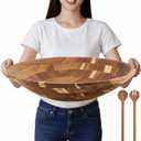 Geiserailie Extra Large 18 Inch Acacia Wood Salad Bowl Set Wooden Serving with Serving Utensils Oversized All Purpose Bowl for Fruits Salad Kitchen for Housewarming Wedding Table Display Gift