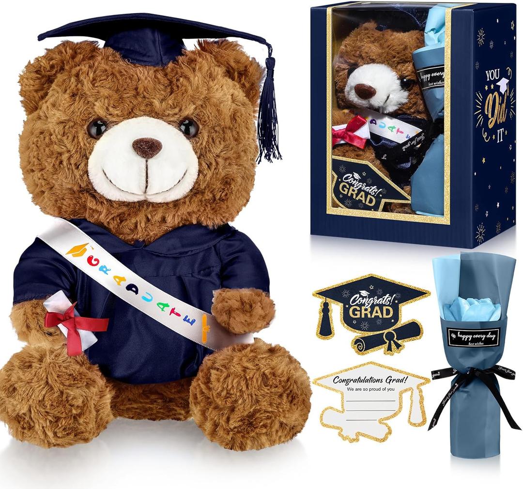 Graduation Bear Gifts Set Include Stuffed Animal Bear with Gown Cap Tassel Class of 2025 Grad Card Soap Artificial Flower Box with Window Graduation Gift for Him Her(Navy)