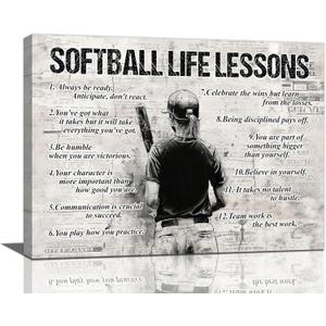 Softball Sports Wall Art Softball Life Lessons Wall Decor Softball Sign Retro Poster Boy Girls Men Room Motivational Decorations Canvas Print Painting Artwork for Bedroom Bathroom Living Room 24"x20"