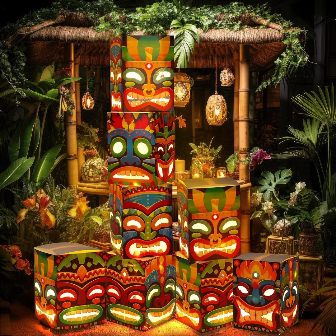 Janlaugh 8 Pcs Tiki Totem Box Decor with Light, Luau Party Decorations for Hawaiian Birthday Party Tropical Aloha Decor 9.84 x 7.09 Tiki Lighted Gift Boxes for Garden Patio Porch Outdoor Decor
