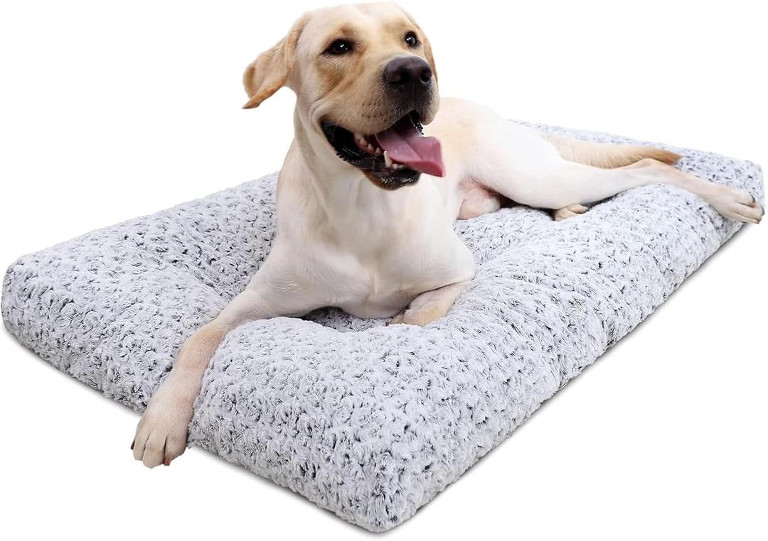 KSIIA Washable Dog Bed Deluxe Plush Dog Crate Beds Comfy Kennel Pad Anti-Slip Pet Sleeping Mat for Dogs 35" x 23", Gray
