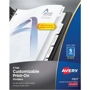 Avery 5-Tab Print-On Binder Dividers, White Tabs, 25 Sets (11517)