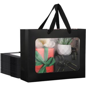 EUSOAR Wedding Gift Bags - 20pcs 10.6"x3.1"x8.3" Black Clear Transparent Paper With Handles - Bouquet Tote Shopping Bags With Window for Wrapping, Festival, Bridal Party