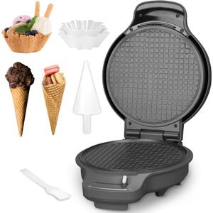 Baker's Friend Waffle Cone Maker Machine with Browning Control, Nonstick Waffle Bowl Maker, 7.5 Ice Cream Cone Maker, Thin Waffle Maker Crispy, Cone Roller & Bowl Press Included, Graphite