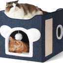 Cat Houses for Indoor Cats, Large Cat Cave with Fluffy Ball and Scratch Pad, Covered Cat Bed House, Foldable Cat Hideaway