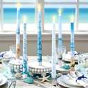 Riakrum 6 Pcs Beach Tapered Candles Flameless Ocean Coastal Seashell Flameless Teal Starfish LED Battery Candles Summer Coastal Wax with Blue Patterns for Indoor Home Table Centerpieces Decor Gift