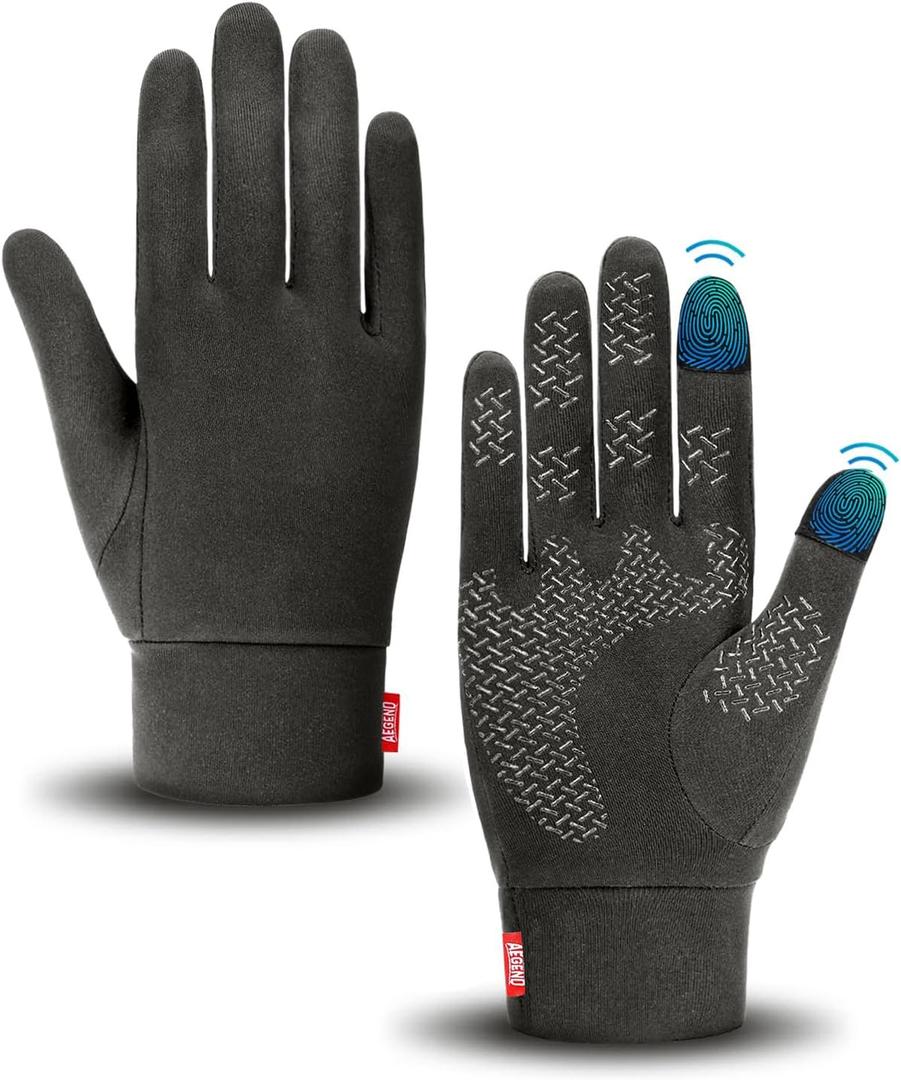 Aegend Lightweight Winter Gloves for Men Women, Warm Running Gloves Touchscreen Thermal Glove Liners for Cold Weather Driving, Cycling & Hiking, Non-Slip, Elastic Cuff, Stretchy, Durable (Large, Deep Gray)