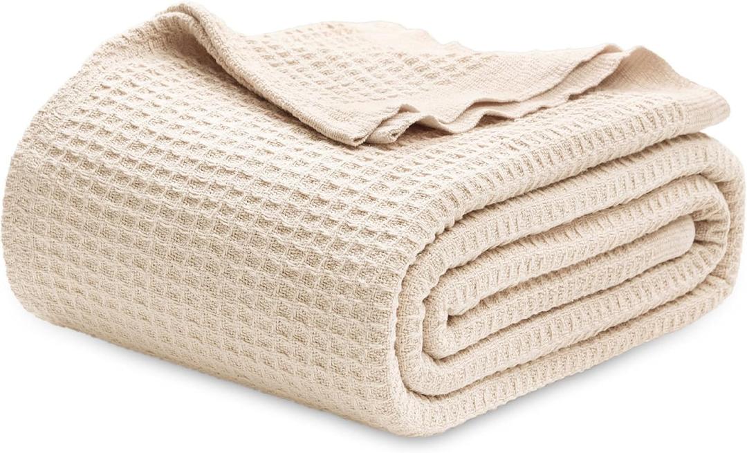 Bedsure 100% Cotton Blanket Queen Size for Bed - Breathable and Soft, Waffle Weave Blanket for Summer Spring, Beige, 90x90 Inches (Queen (90" x 90"), 02 - Beige (a Little Bit Yellow))