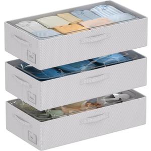 CYhom 3Pcs Under Bed Storage Bins with Metal Frame - Shoe Organizer for Closet with Clear Cover Oxford Fabric Sturdy Underbed Container Foldable Stackable Clothes Organizer (Grey, 23.5x11.8x6.3)