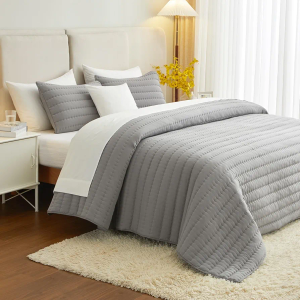 Gray Twin Size Quilt Bedding Set, Reversible Lightweight Bed Spreads Oversized Twin Quilted Bedspread for All Seasons, Soft Washable, 2 Pieces, 1 Quilt (68x90 in) & 1 Pillow Sham (20x26 in)