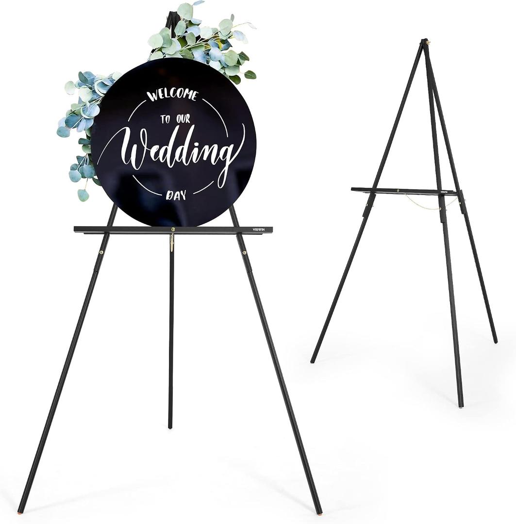VISWIN 63" Black Easel Stand for Wedding Signs, Adjustable Wooden Display Easel with Holder, Tripod Floor Easel for Welcome Board, Poster, Picture, Photos, Paintings, 1 PCS