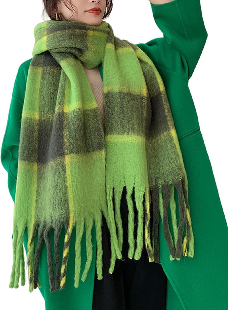 Wander Agio Winter Women Warm Scarf Long Shawl Large Scarves Cold Weather Thick Blanket Scarfs Colorful Plaid (Green Dark Grey 14)