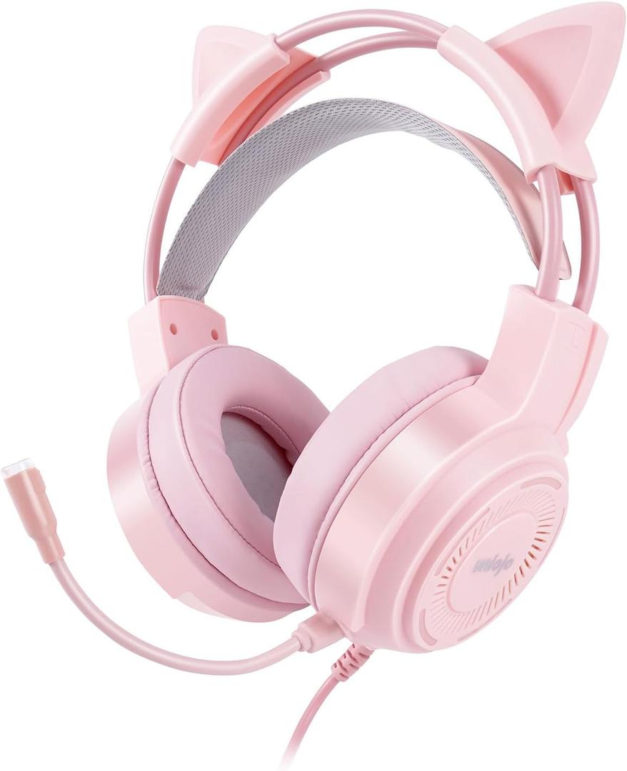 Upgraded Pink Gaming Headset for PS4, PS5, Xbox One, PC, Switch, Laptop, Mobile  Cat Ears, Noise-Canceling Mic, 7.1 Surround Sound, LED Light, Soft Memory Earmuffs for Ultimate Comfort