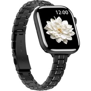 BAITEYOU Narrow Metal Band Compatible with Apple Watch Bands 38mm 40mm 41mm 42mm 44mm 45mm 46mm 49mm (Series 11 10 9 8 7 6 5 4 3 2 1 SE Ultra), Dressy Thin Stainless Steel iWatch Bands for Women (Black)