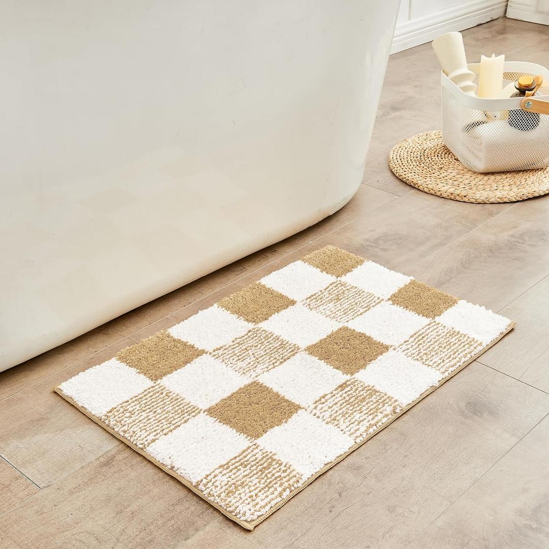 CozeCube Checkered Bath mats for Bathroom Non Slip, Fluffy Absorbent Microfiber Bath mat Washable, Aesthetic Bathroom Rugs, Cute Bath mat for Shower Sink, Beige, 24" x 16" (2' x 1'4" (Rectangular), Checkered-beige)