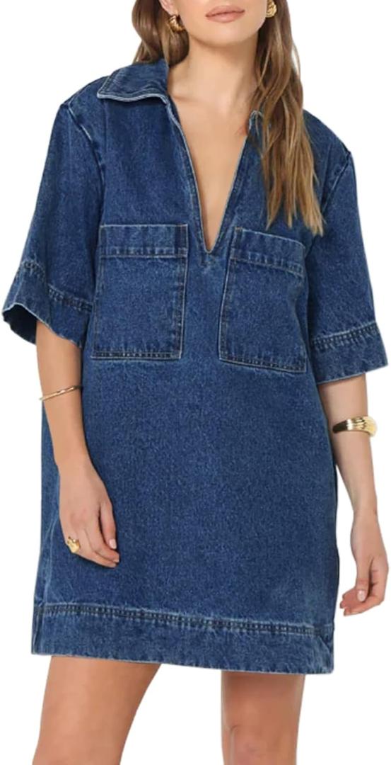 Fisoew Womens Denim Shirt Dress Summer Collared V Neck Mini Casual Jean Dresses with Pockets (X-Small, Khaki)
