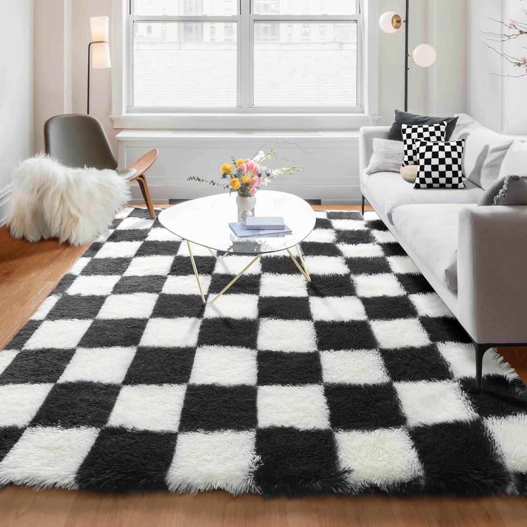 KICMOR Rugs for Living Room, 5x8 Area Rug Black and White Fluffy Shag Soft Checkered Rug Large Fuzzy Plush Furry Shaggy Carpet for Bedroom, Kids Boys Girls Teen Dorm Nursery Home Decor Aesthetic