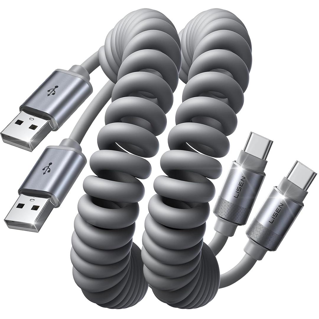 LISEN Coiled USB C Cable, 2 Pack for Android Auto & CarPlay Cable, 4FT Short USB A to USB C Cable Compatible with iPhone 16/15, Samsung Galaxy S25/S24/S23 A15/A14, Google Pixel 9/8, Moto, OnePlus, TCL (Grey)