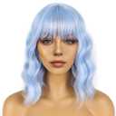 LANCAINI Short Bob Wigs with Bangs for Women Loose Wavy Wig Curly Wavy Shoulder Length Bob Synthetic Cosplay Wig for Girl Colorful Costume Wigs (Light Blue)
