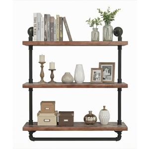 Industrial Wall Mounted Iron Floating Pipe Shelves/Shelving/Racks/Storage/Bookcases/Brackets, DIY Open Bookshelves/Shelving for Kitchen/Office, Retro Black (3-Tier Floating Shelves), 9.84''D x 24''W x 22.15''H