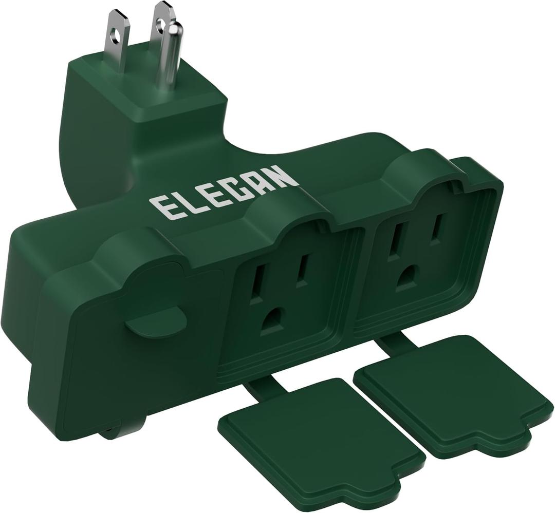 Elecan 3-Outlet Wall Plug Adapter Green,Heavy Duty Outdoor Power Splitter,Weatherproof Multi Outlet Extender with Safe Cover,3-Prong Grounded Plug,Ideal for Holiday, Home and Office,EL ETL