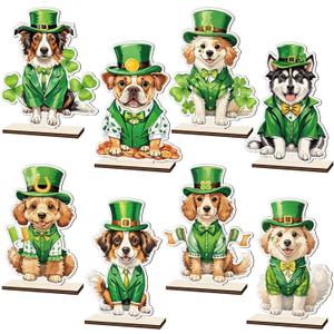 DoubleFill 8 Pcs St. Patrick's Day Dog Table Sign Decoration Green Shamrock Lucky Dog Wooden Tabletop Centerpiece Irish Rustic Farmhouse Tiered Tray Decor for Home Kitchen Vet Office Fireplace Desk