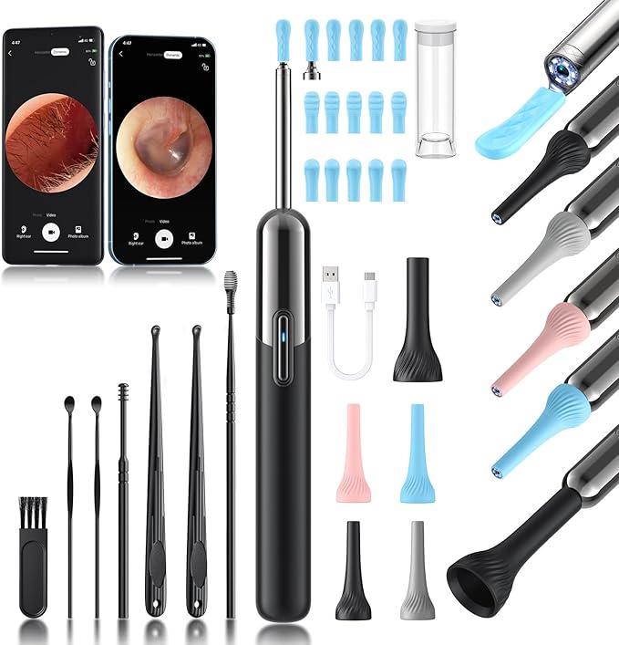 Ear Wax Removal, 3 in 1 Earwax Removal Kit, 1080P HD Ear Cleaner with Camera, FSA HSA Eligible, Otoscope with 7 Ear Spoon, Ear Cleaning 6 LED Lights 15 Ear Tips, Ear Camera for iOS & Android