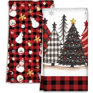 Miss Adola Buffalo Plaid Christmas Kitchen Towels - Christmas Theme 18x26 Inch Absorbent 2pcs Microfiber Dish Towels, Cute Holiday Designs with Xmas Tree for Decoration, Gifting, Housewarming