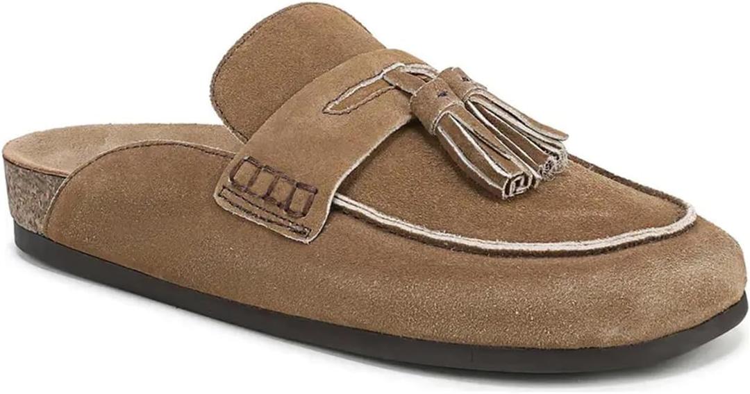 Faux Suede Mules for Women Tassel Flat Loafers Comfort Clog Mules Slip on Round Toe Casual Boat Slippers Shoes (9, Tan)