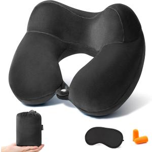 Anmerl Inflatable Travel Pillow Soft Velvet Portable Neck Pillow with Storage Bag for Airplane Train Car Office (Black)