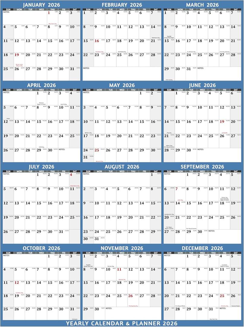 Yearly Wall Calendar 2026 - Large Yearly Calendar 2026 Vertical, Jan 2026 - Dec 2026, 33.7" x 45.1" (Open), 2026 Calendar, Large Wall Calendar 2026, Full Year Paper Calendar with Notes, Thicker Paper