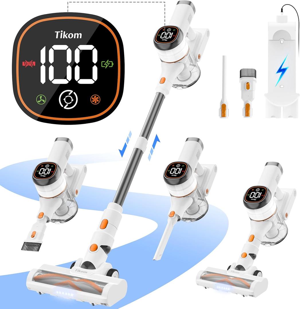 Tikom V500 Cordless Vacuum Cleaner for Home, 40000Pa/450W Stick Vacuum with LED Touch Screen, Charging Wall Dock, Anti-Tangle, Lightweight Handheld Vacuum for Pet Hair, Hard Floor, Carpet (Orange&white)