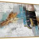 Large 100% Handmade Abstract Oil Painting with Frame Modern Original Hand Painted Heavy Textured Wall Painting Blue Gold Grey Canvas Wall Art Wall Decor for Living Room Bedroom Office Hang 60x30 inch