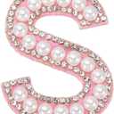 MECCANIXITY Iron on Pearl Letter S Patches, Pearl Rhinestone A-Z Alphabet Self Adhesive Sew on Patches, Glitter Letter Applique for Clothes Fabric DIY Backpack, Pink