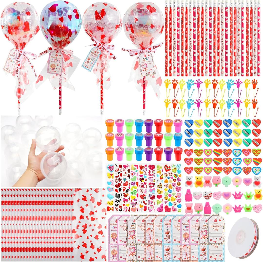 LiYiQ 24Pack Valentines Day Gifts Student Stationery Gifts from Teacher Giant Lollipop with Gift Cards, Pencils Stickers Erasers Sharpener for Classroom School Exchange Birthday Party Gift